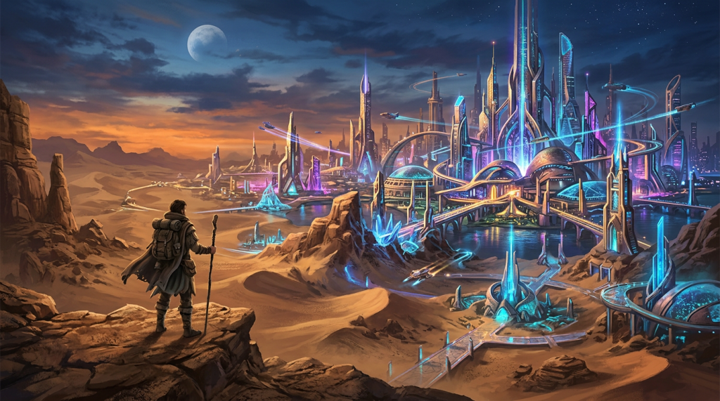 Traveler overlooking a neon-lit futuristic city surrounded by desert and rocky terrain at dusk