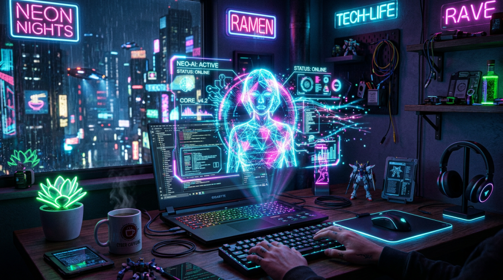 Futuristic workspace with laptop coding AI hologram and neon city lights outside