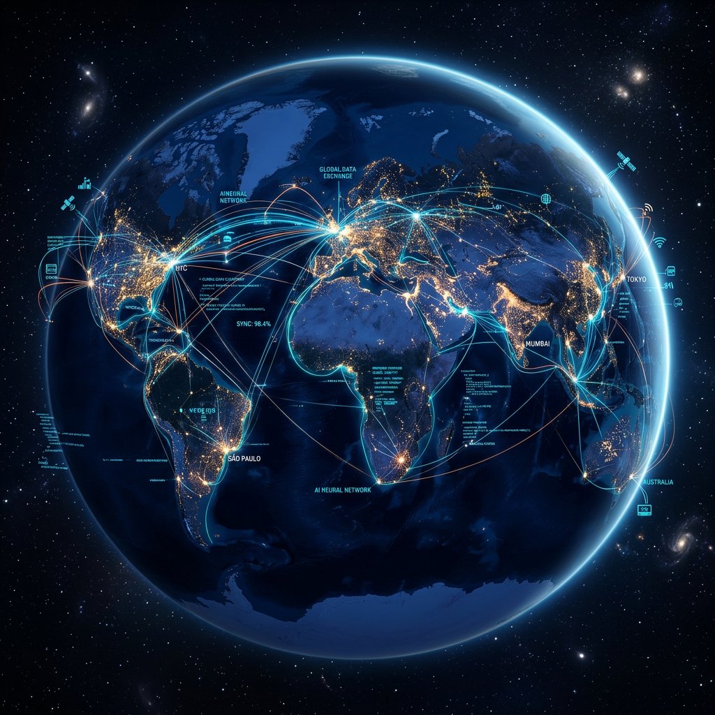 Digital map of Earth showing illuminated cities with lines representing global data connections and networks