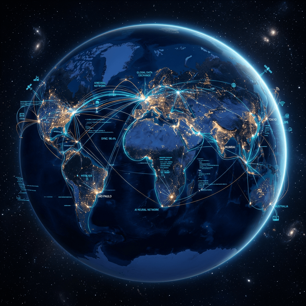 Digital map of Earth showing illuminated cities with lines representing global data connections and networks
