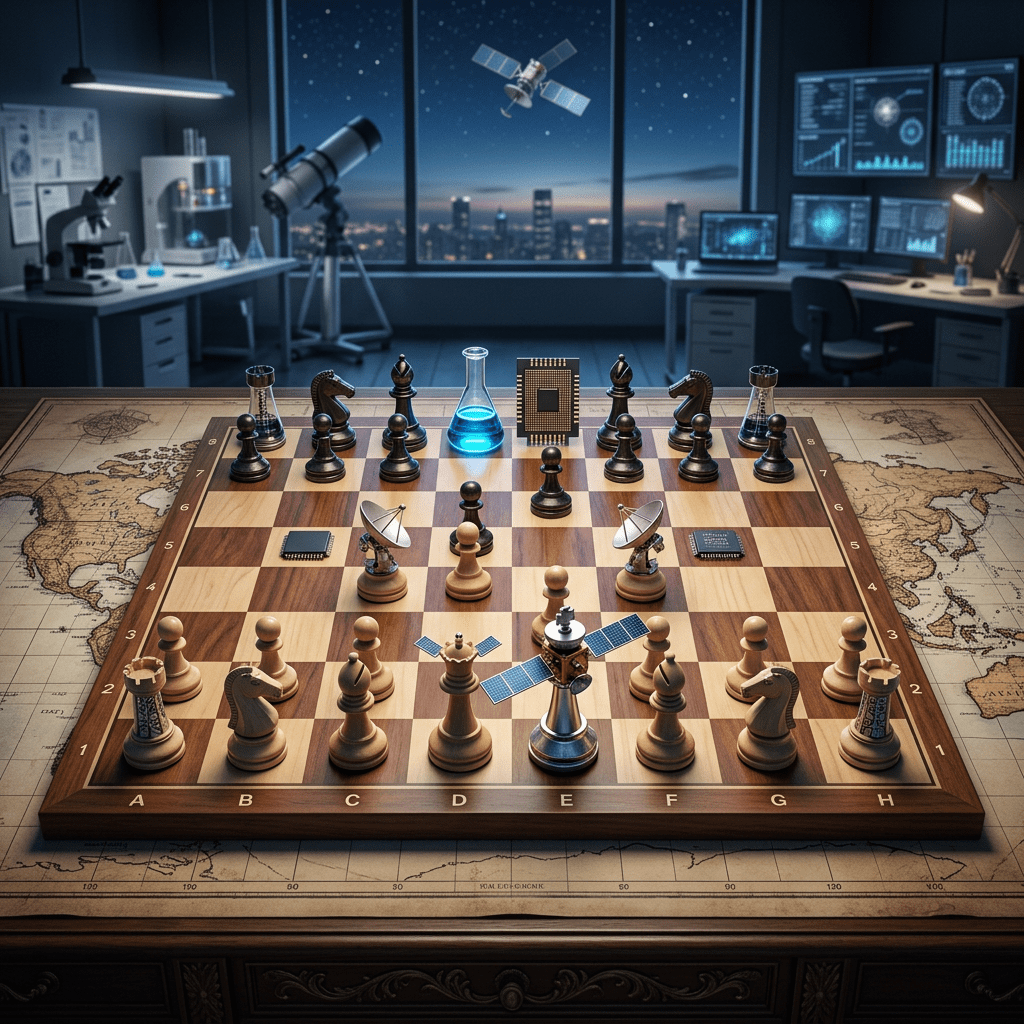 Chessboard with traditional and technology-themed chess pieces including satellites, microchips, and a blue glowing flask in a laboratory setting.