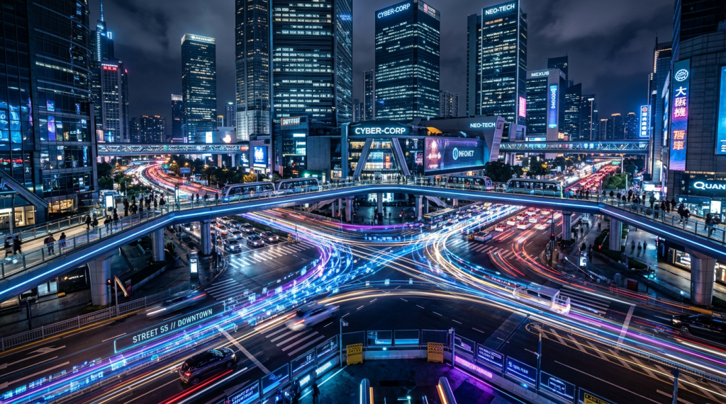 Busy urban intersection with illuminated pedestrian bridges and streaks of moving vehicle lights at night
