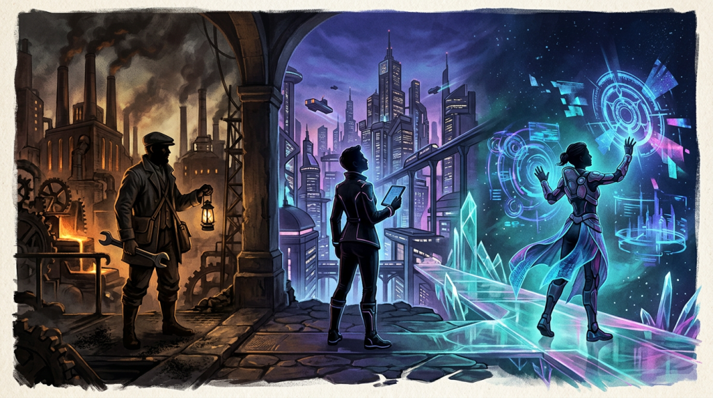 Three figures symbolizing different technological eras: industrial with smokestacks, digital with skyscrapers and tablet, futuristic with holographic interface