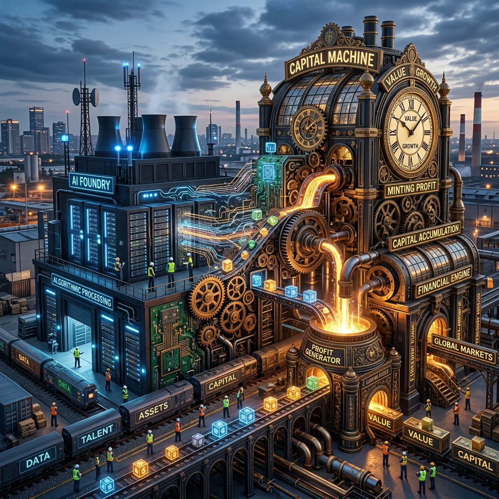 Intricate machine labeled 'Capital Machine' transforming data and talent into capital and value