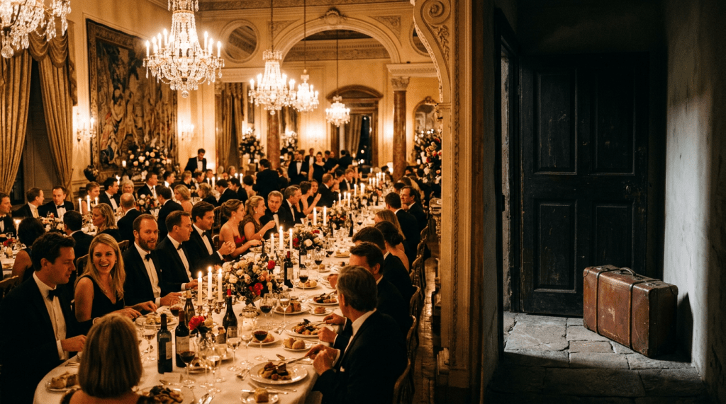 Long banquet table with formally dressed guests dining and chatting under chandeliers