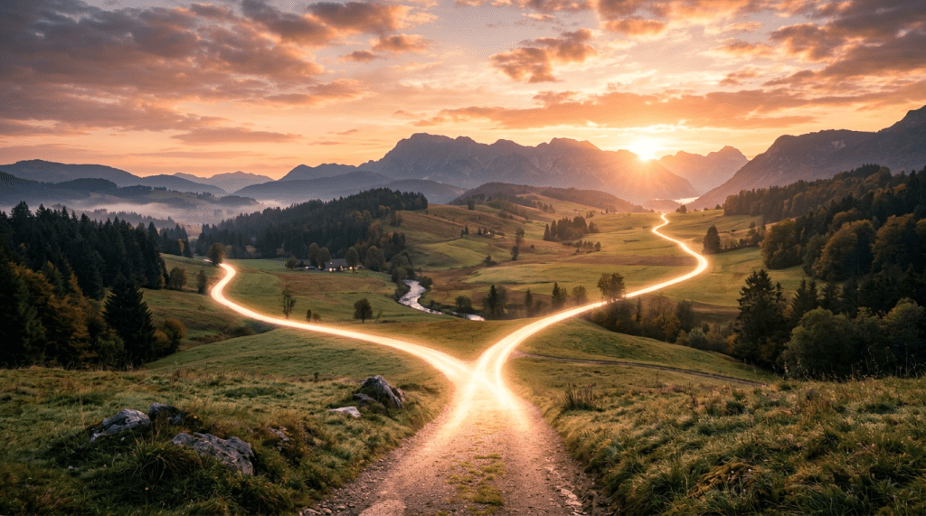 Winding glowing road through green valley with mountains at sunset