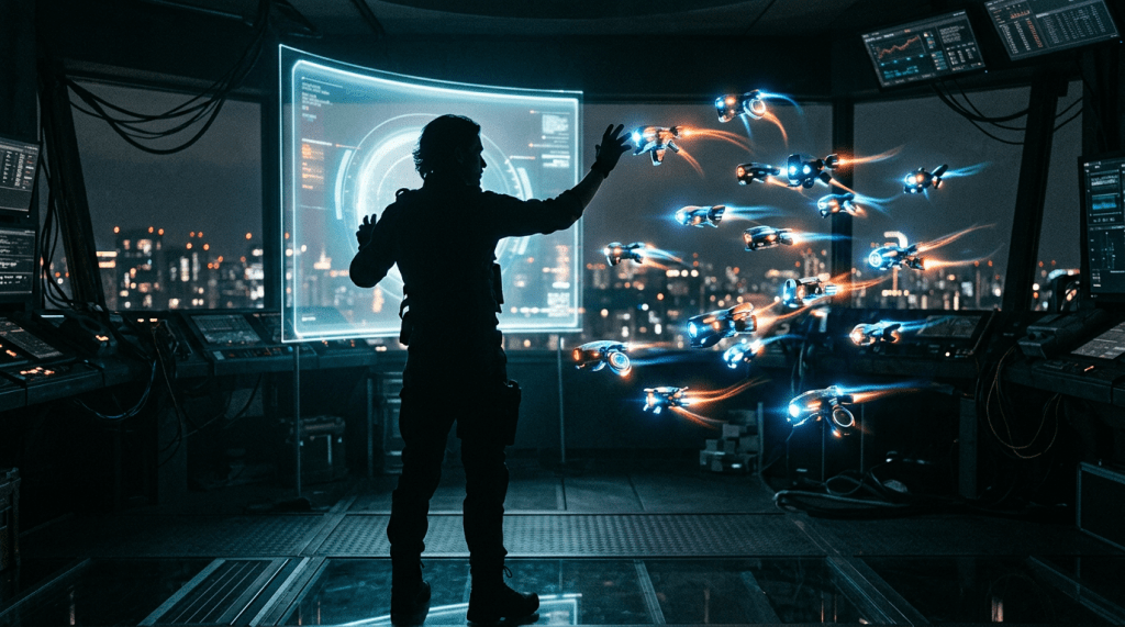 Person controlling futuristic drones via holographic display in control room