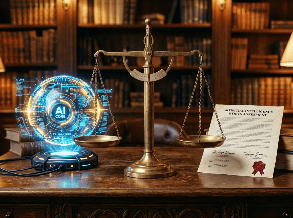 Balance scale between glowing AI CORE display and ARTIFICIAL INTELLIGENCE ETHICS AGREEMENT