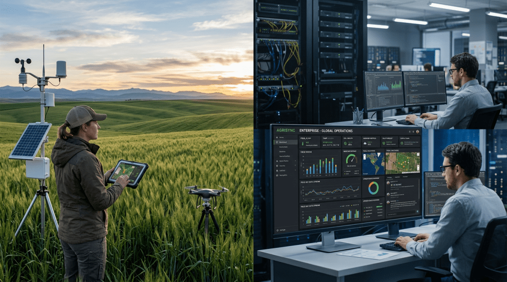 Split scene showing crop monitoring in a field and AGRISYNC operations dashboards