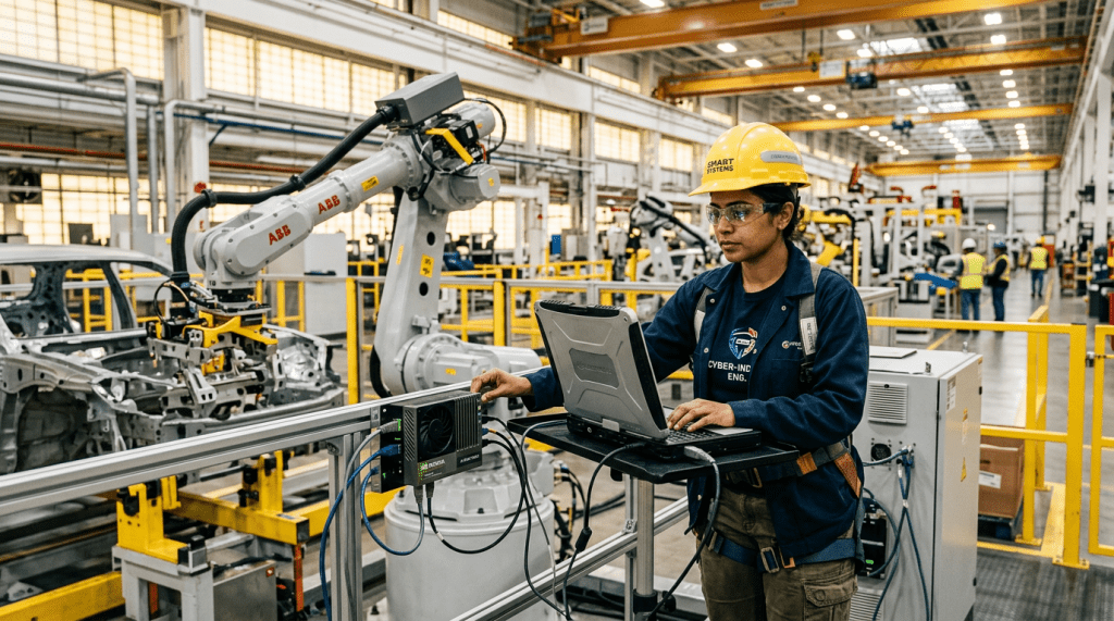 Engineer using laptop beside ABB robotic arms on automotive assembly line
