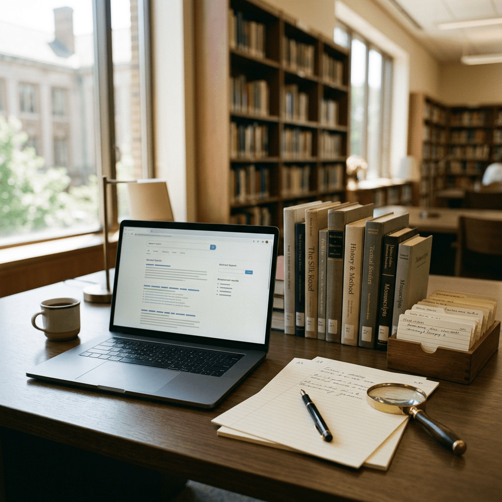 Laptop, books, notes, and magnifying glass on a library desk