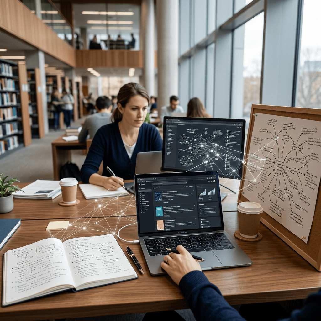 Students studying with laptops, notes, and a research diagram in a library
