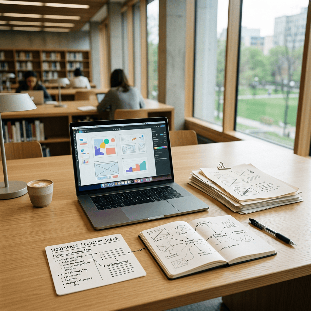 Laptop displaying design layouts beside sketches and concept notes on library table