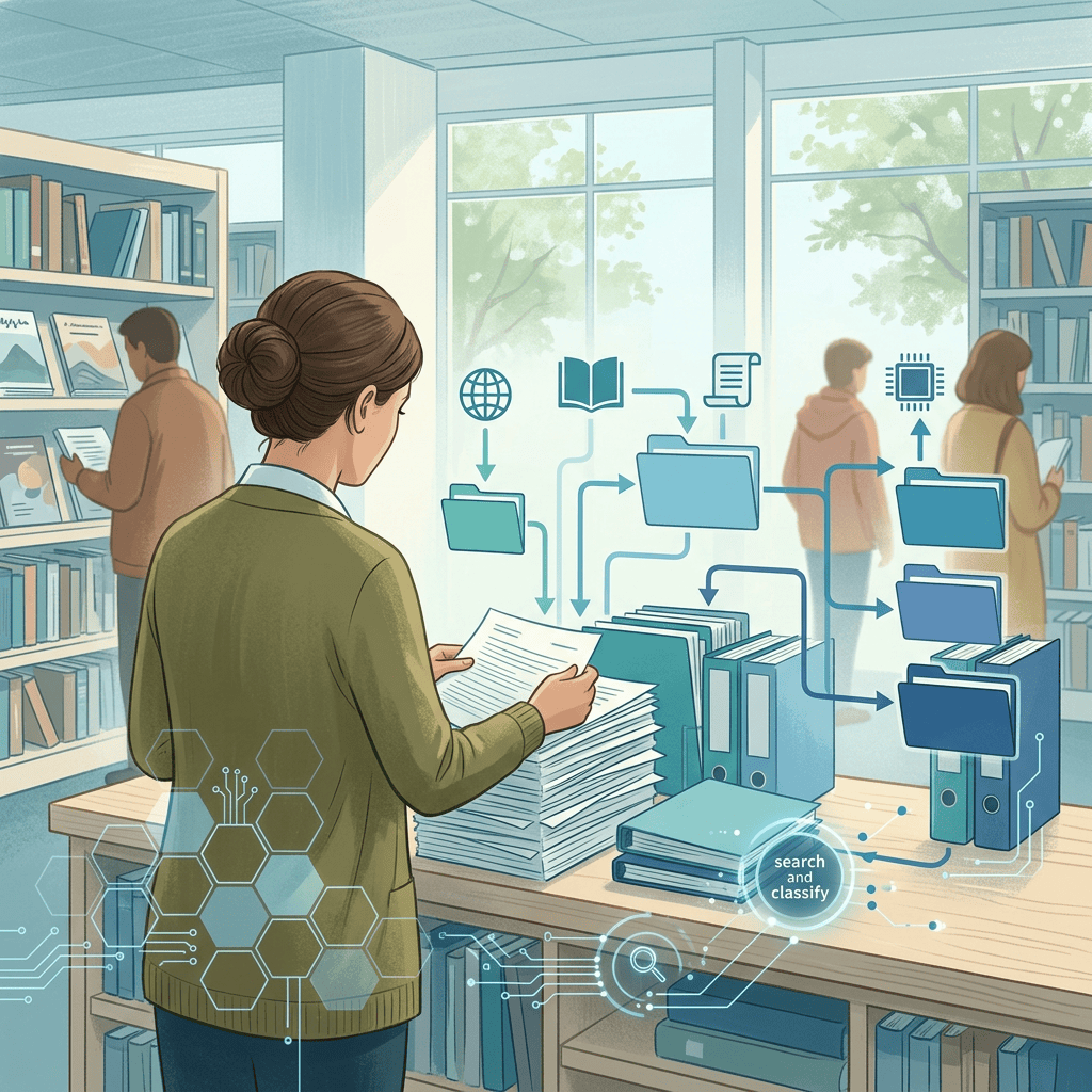 Librarian reviewing documents beside digital folders labeled search classify