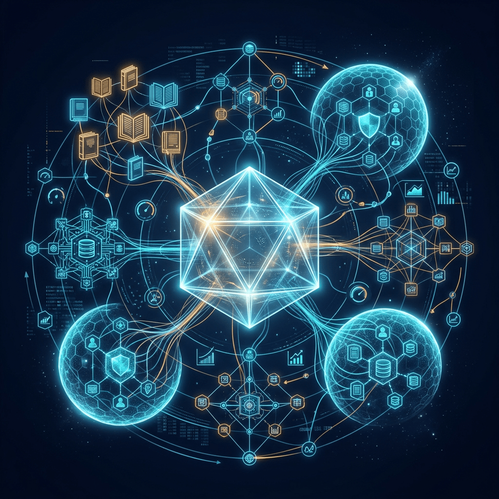 Glowing central geometric network connecting books, databases, analytics, and security icons