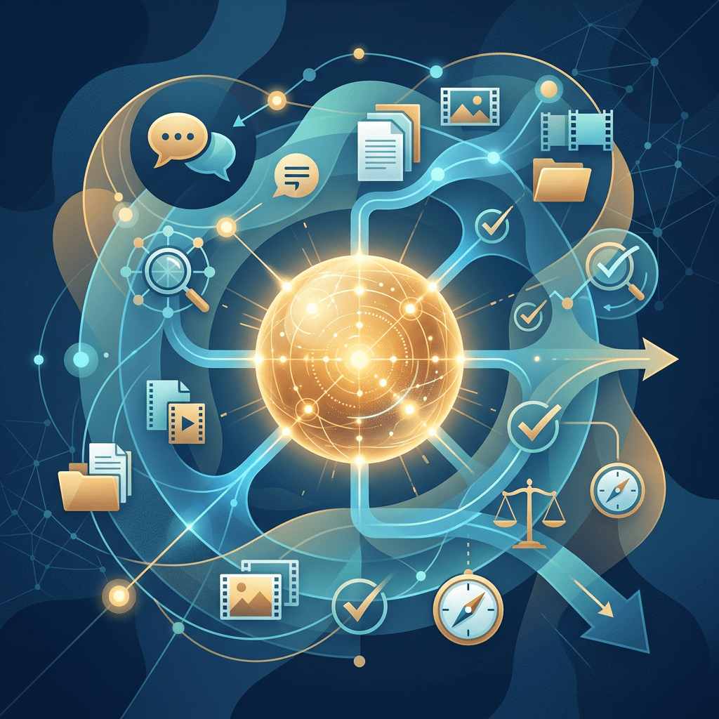 Glowing digital network connecting documents, media files, approvals, and workflow arrows