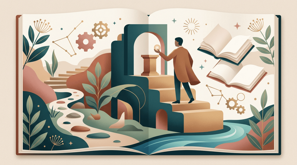 Open book landscape with a person climbing stairs toward knowledge symbols