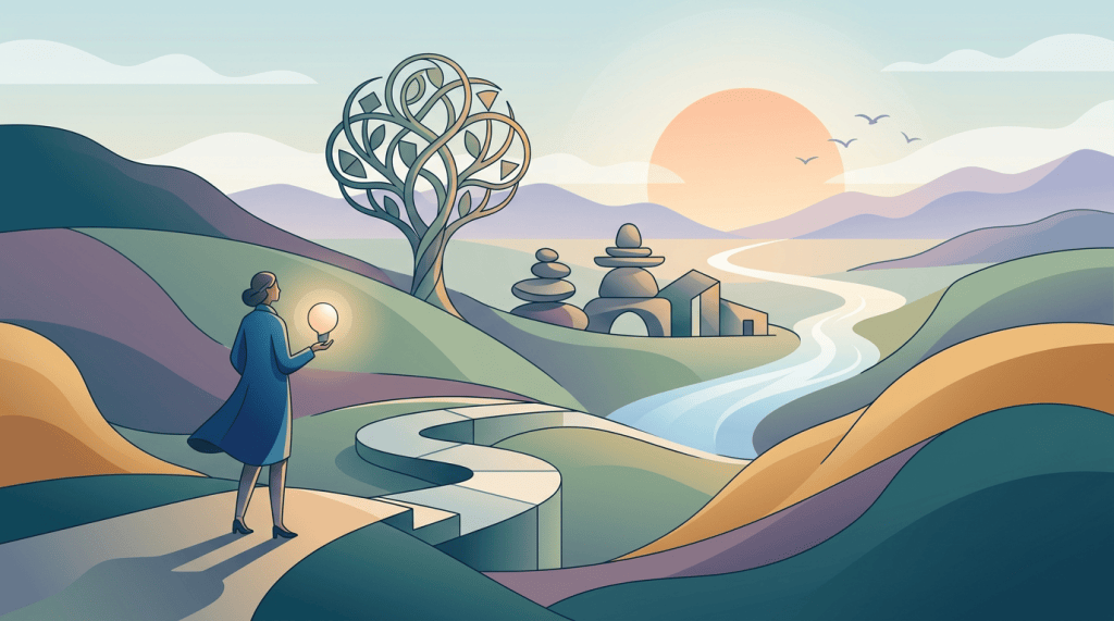 Traveler holding a glowing orb beside a winding path through rolling hills