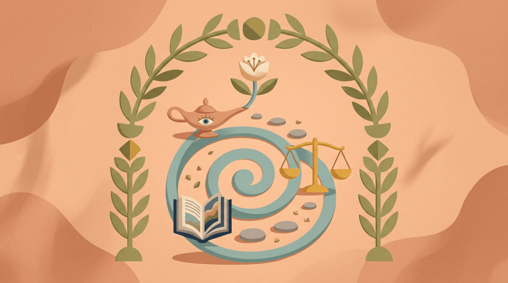 Illustration of an open book, balance scales, lamp, flower, and spiral path
