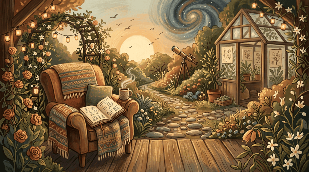 Cozy garden with armchair, open journal, telescope, greenhouse, and spiral sky