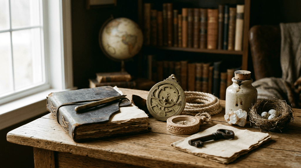 Antique books, compass, key, globe, bottle, and bird nest on wooden desk