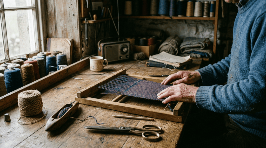 Craftsperson weaving colorful threads on a wooden handloom