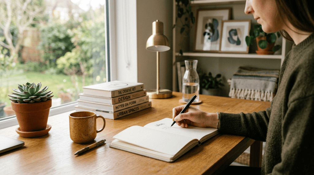 Person writing in an open notebook at a wooden desk by a window