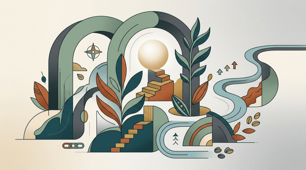 Abstract landscape with stairways, winding paths, plants, arrows, and compass