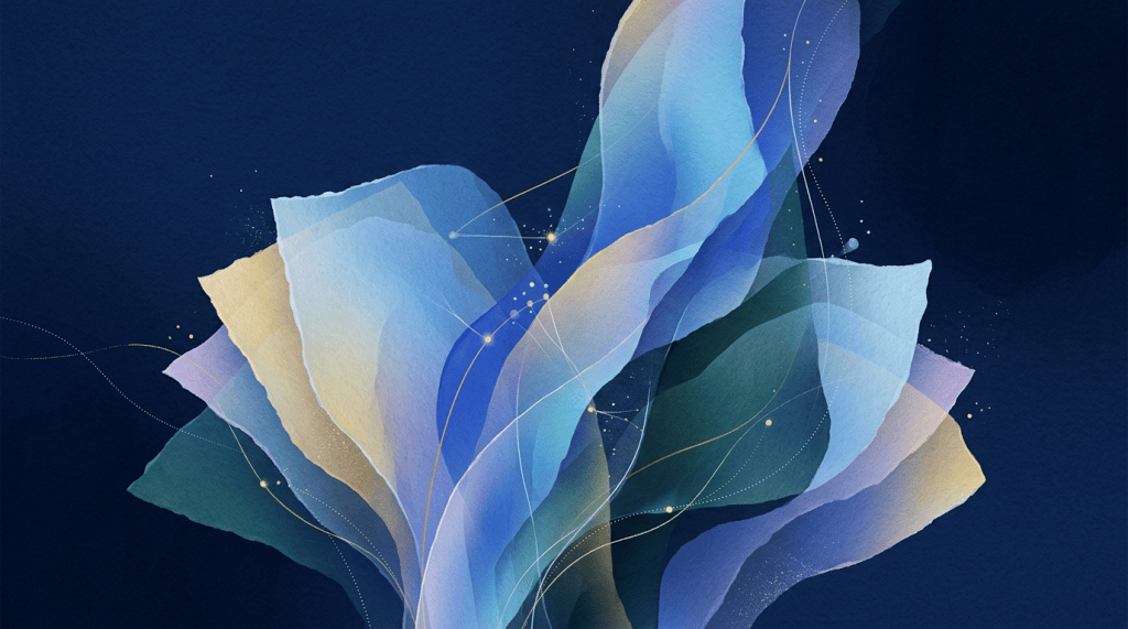 Abstract flower with layered blue, teal, lavender, and gold petals