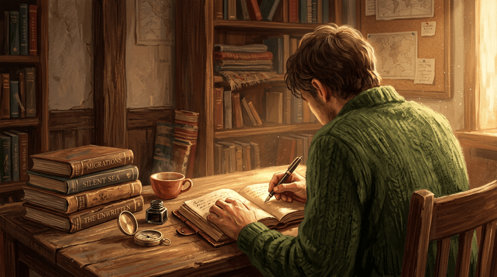 Person writing in a journal at a library desk beside books, maps, and compass