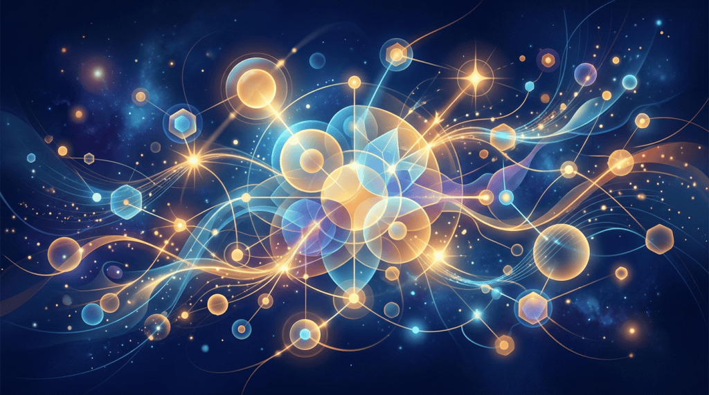 Glowing spheres and connecting lines form an abstract cosmic network