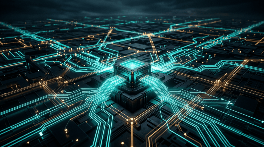 Central processor connected to glowing turquoise and gold circuit pathways