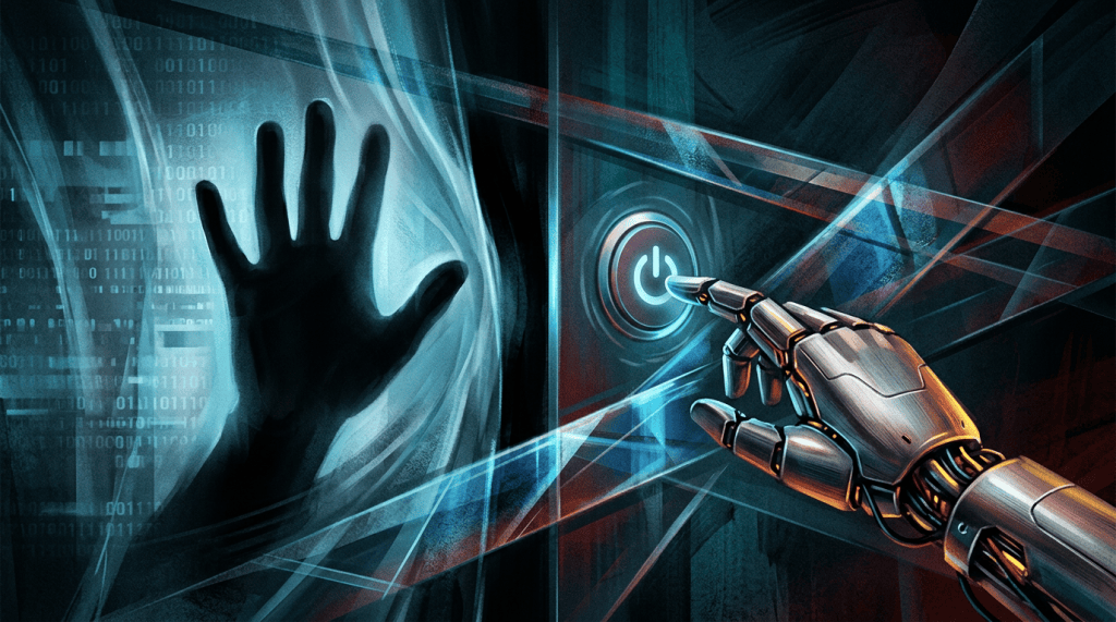 Robotic hand pressing a glowing power button beside a human hand shadow