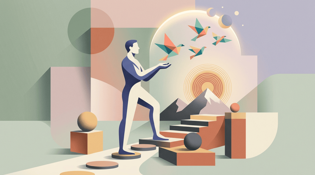 Stylized figure reaching toward origami birds beside a geometric staircase