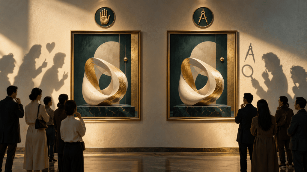 同一件抽象作品置于两个展示框中,观众因来源线索而表现出不同评价,寓意标签不能替代审美判断。