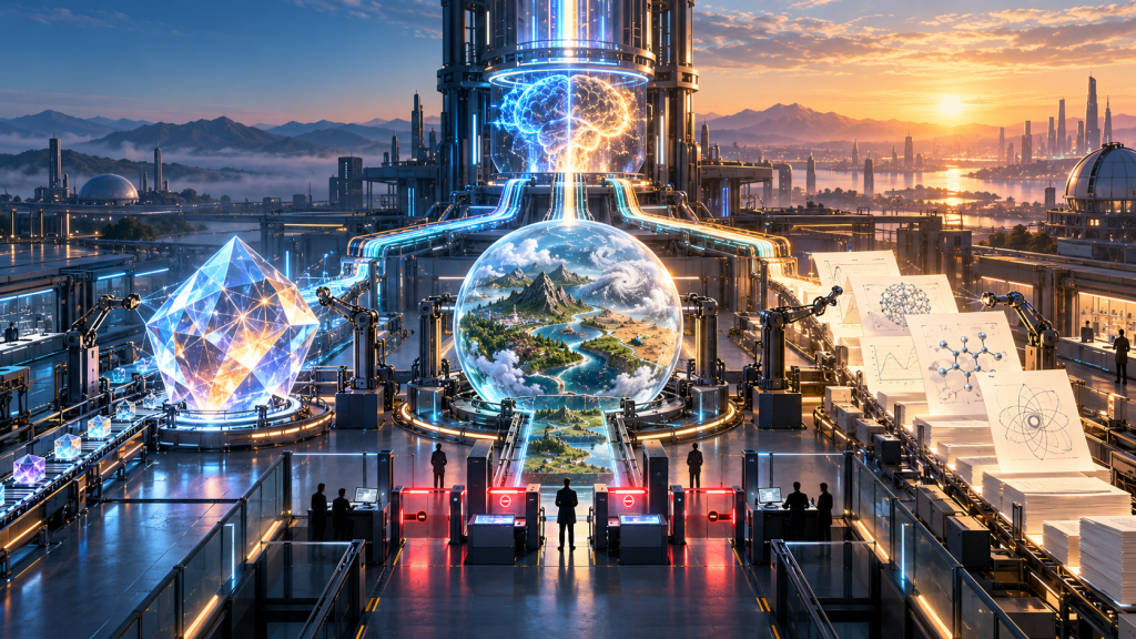 一周AI速览202610E主题图：芯片、智能体、世界模型与数学符号构成的蓝紫色科技场景