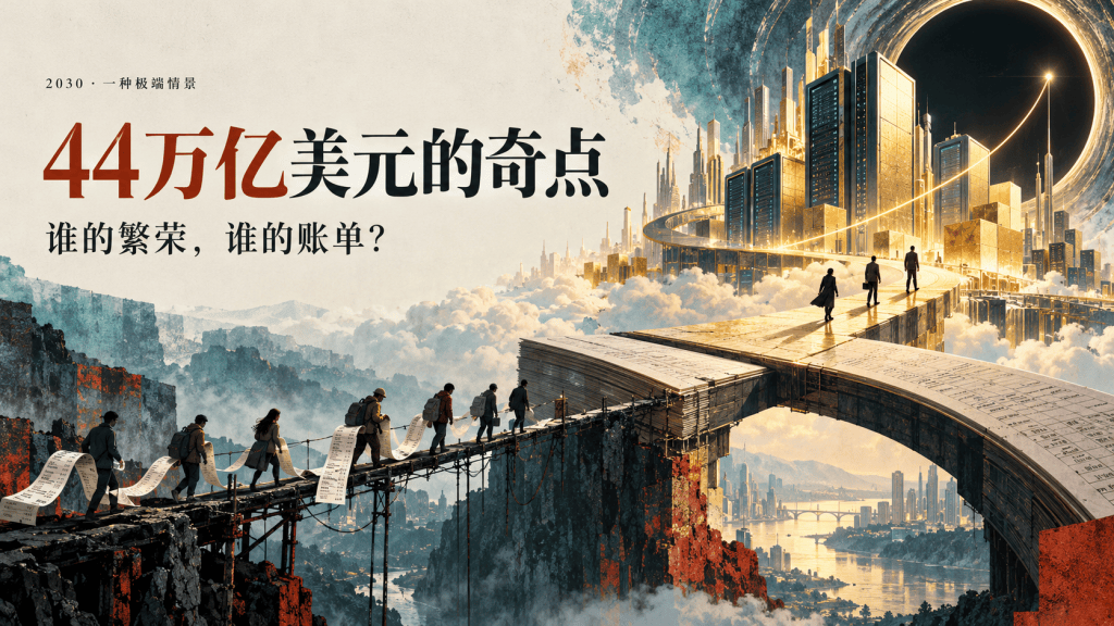 通向AI经济繁荣的金色城市与承担账单的劳动者，2030年一种极端情景的象征性画面