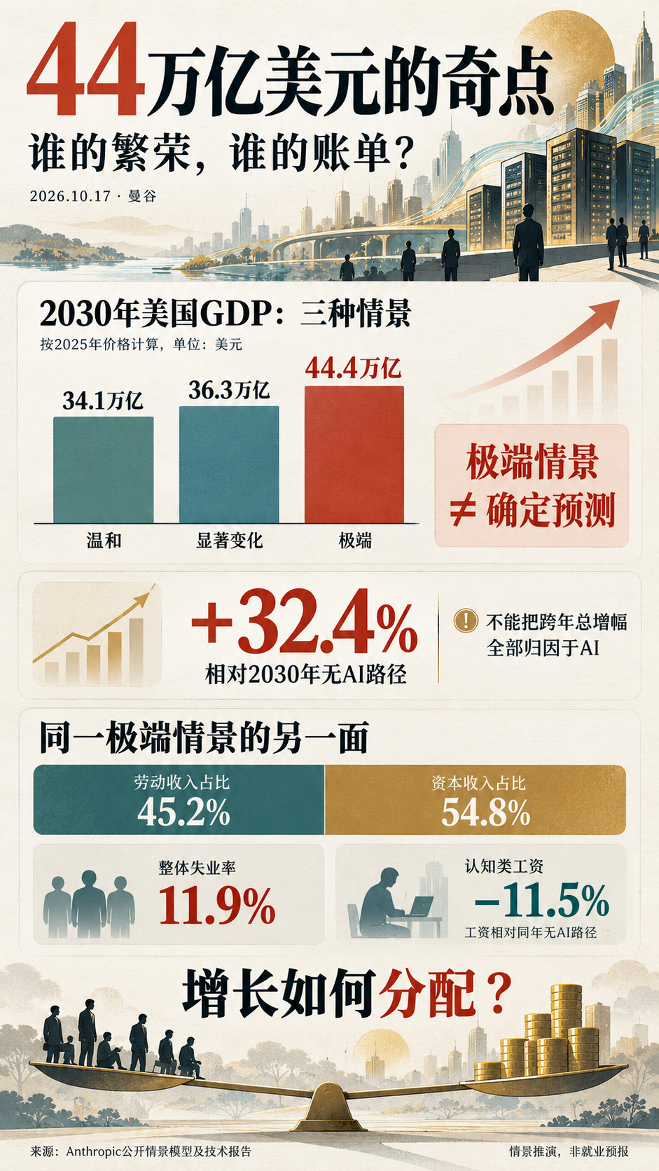 2030年美国GDP三种情景34.1、36.3和44.4万亿美元；极端情景相对无AI路径增加32.4%，并展示劳动资本收入占比和就业影响